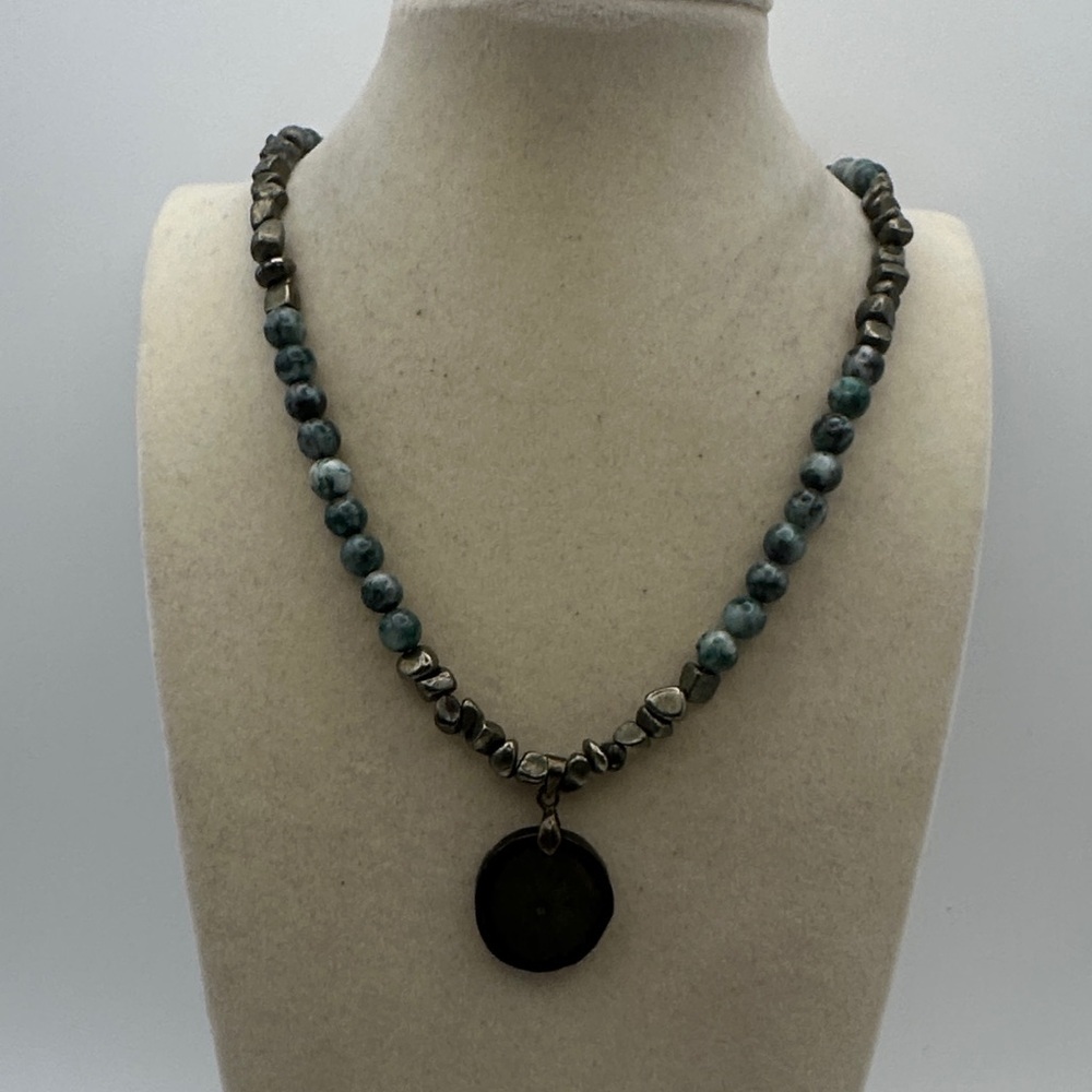 Pyrite and Jade Beaded Necklace with Pyrite Sun Pendant - Picture 3 of 12